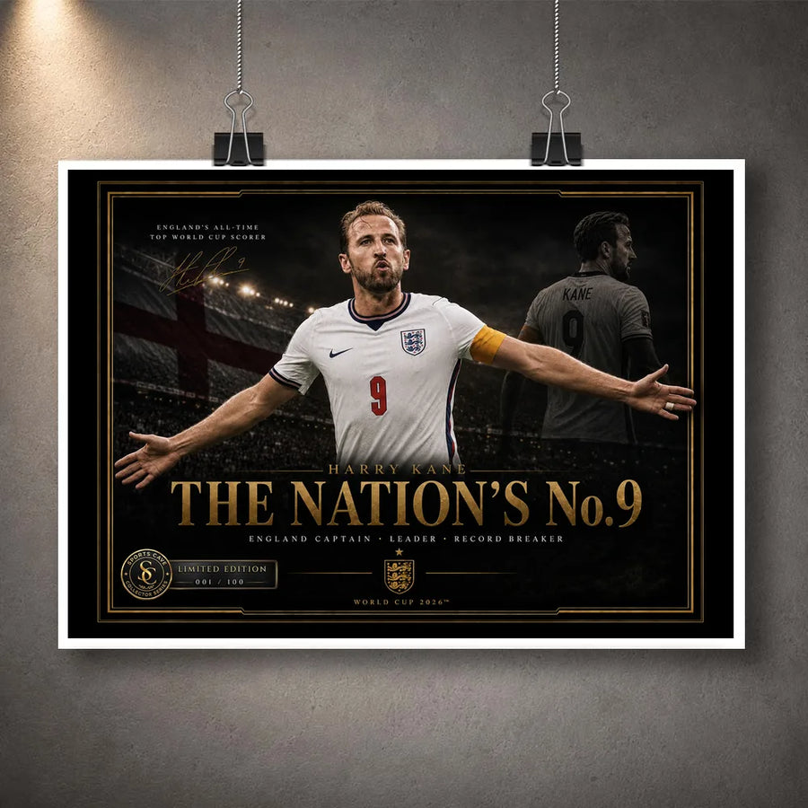Harry Kane football wall art shown as an unframed print with dark collector artwork and gold title detail.