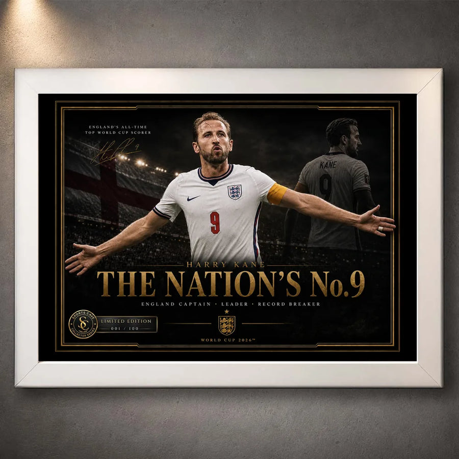 Harry Kane football wall art shown in a white frame with a dark stadium-style collector artwork design.