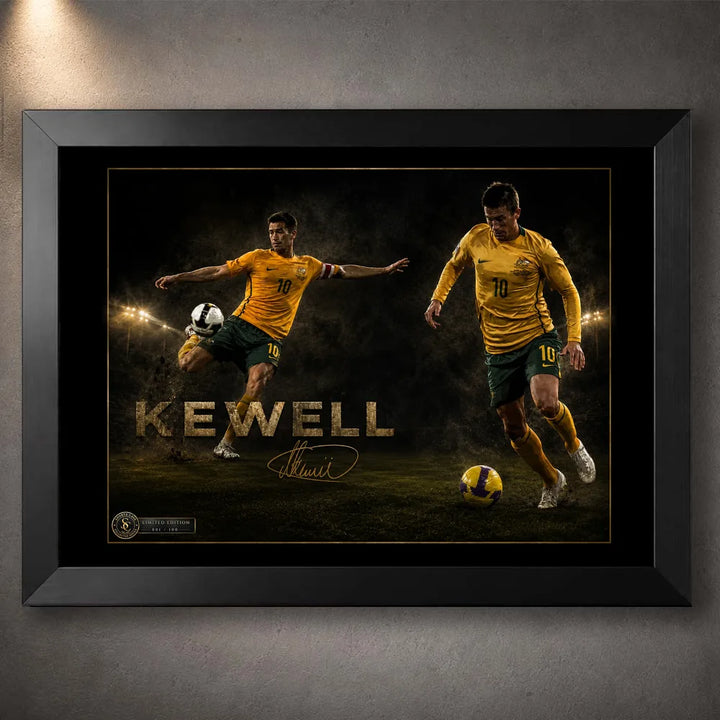 Black framed Harry Kewell soccer wall art featuring two action poses in Australia colours against a dark stadium backdrop.