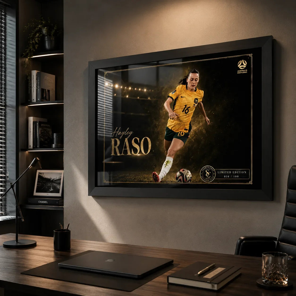 Hayley Raso Matildas framed soccer wall art displayed in a premium home office above a timber desk and black chair.