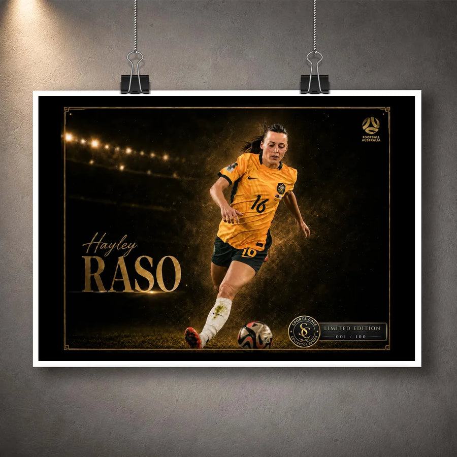 Hayley Raso Matildas unframed soccer wall art print featuring the Australian footballer in green-and-gold action.