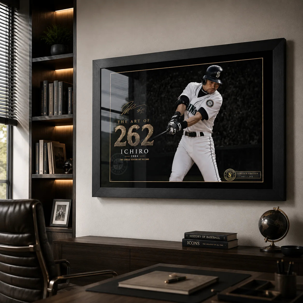 Ichiro Suzuki 262 wall art mounted in a refined home office with dark timber shelving.