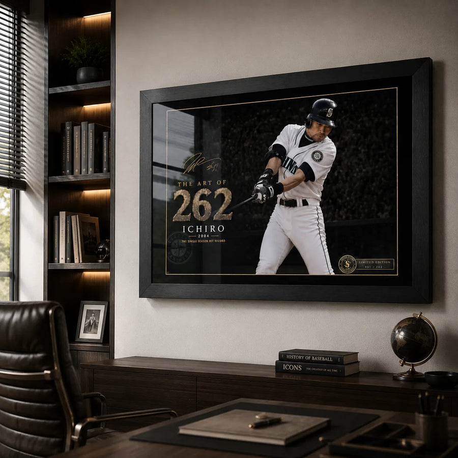 Ichiro Suzuki 262 wall art mounted in a refined home office with dark timber shelving.