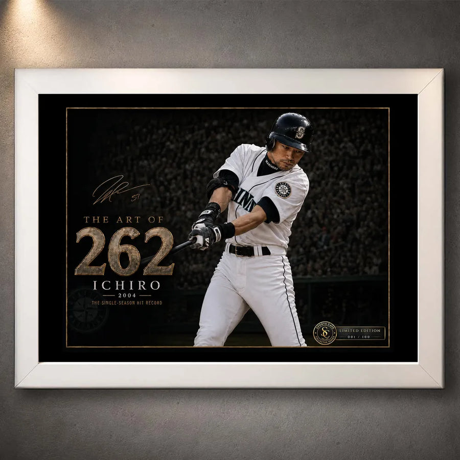 White framed Ichiro Suzuki 262 baseball wall art with black and gold collector artwork.