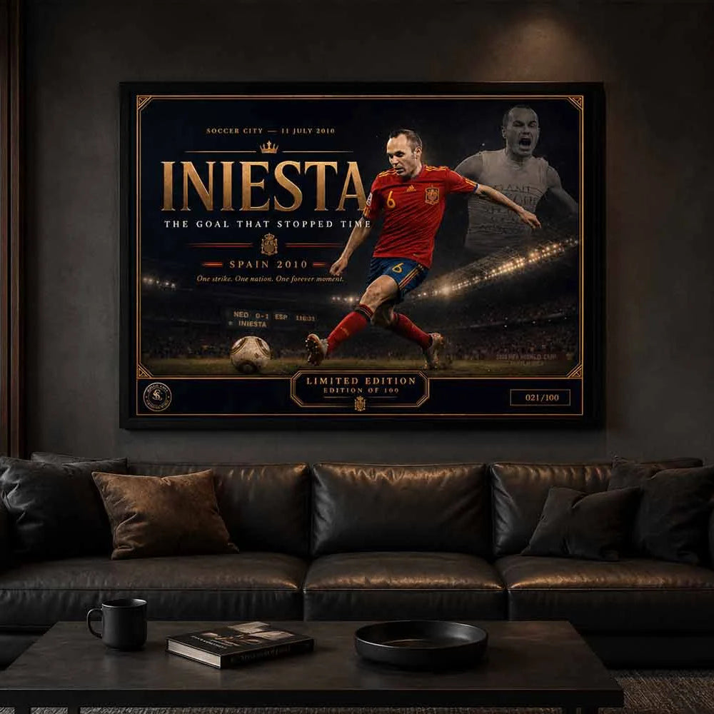 Andrés Iniesta Spain 2010 framed sports memorabilia displayed in a modern man cave wall décor setting.