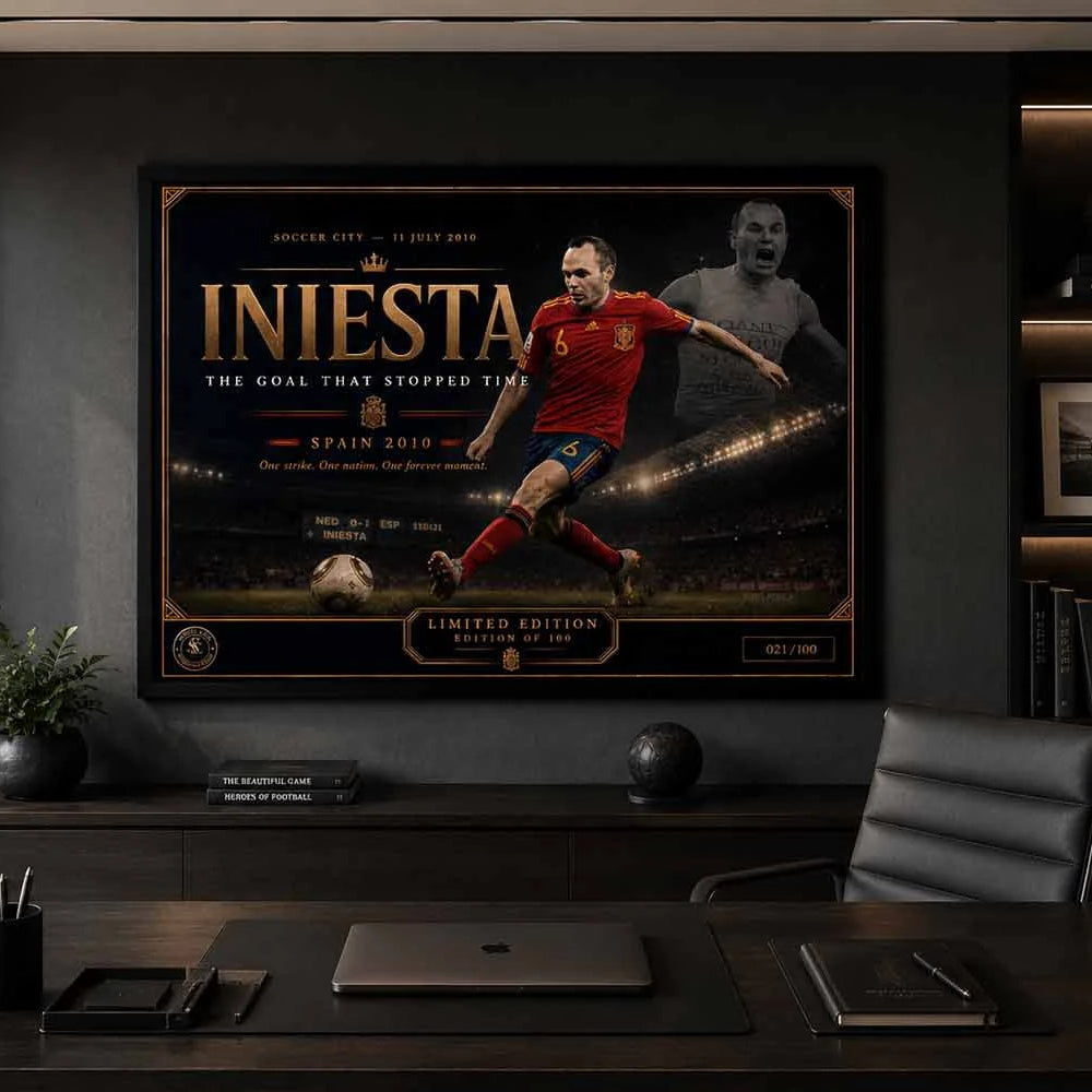 Premium Andrés Iniesta Spain 2010 sports wall art showcased in a stylish modern office collector display.