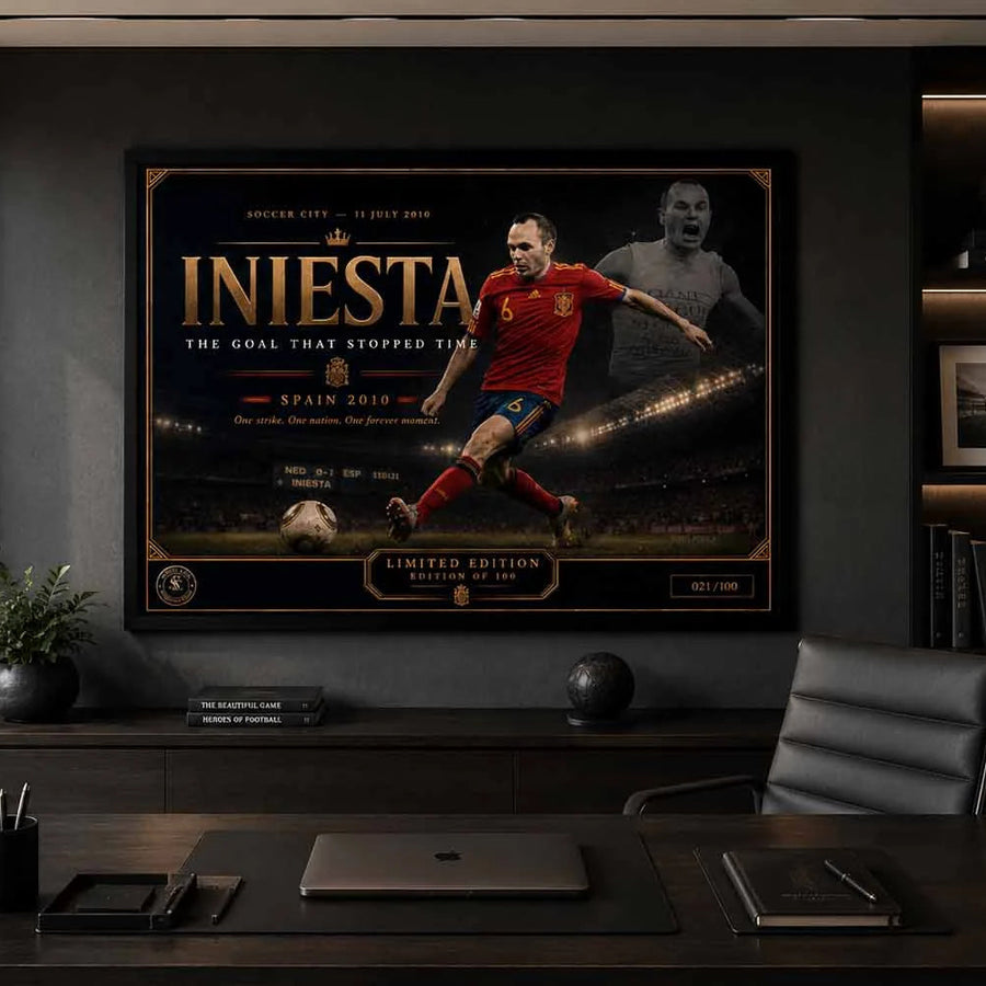 Premium Andrés Iniesta Spain 2010 sports wall art showcased in a stylish modern office collector display.