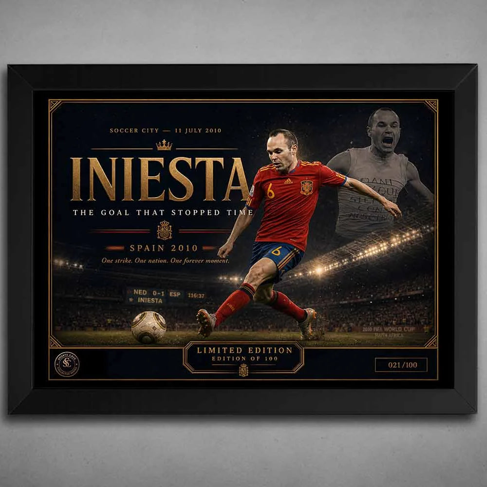 Black framed Andrés Iniesta Spain 2010 limited edition framed sports wall art celebrating his World Cup final goal.