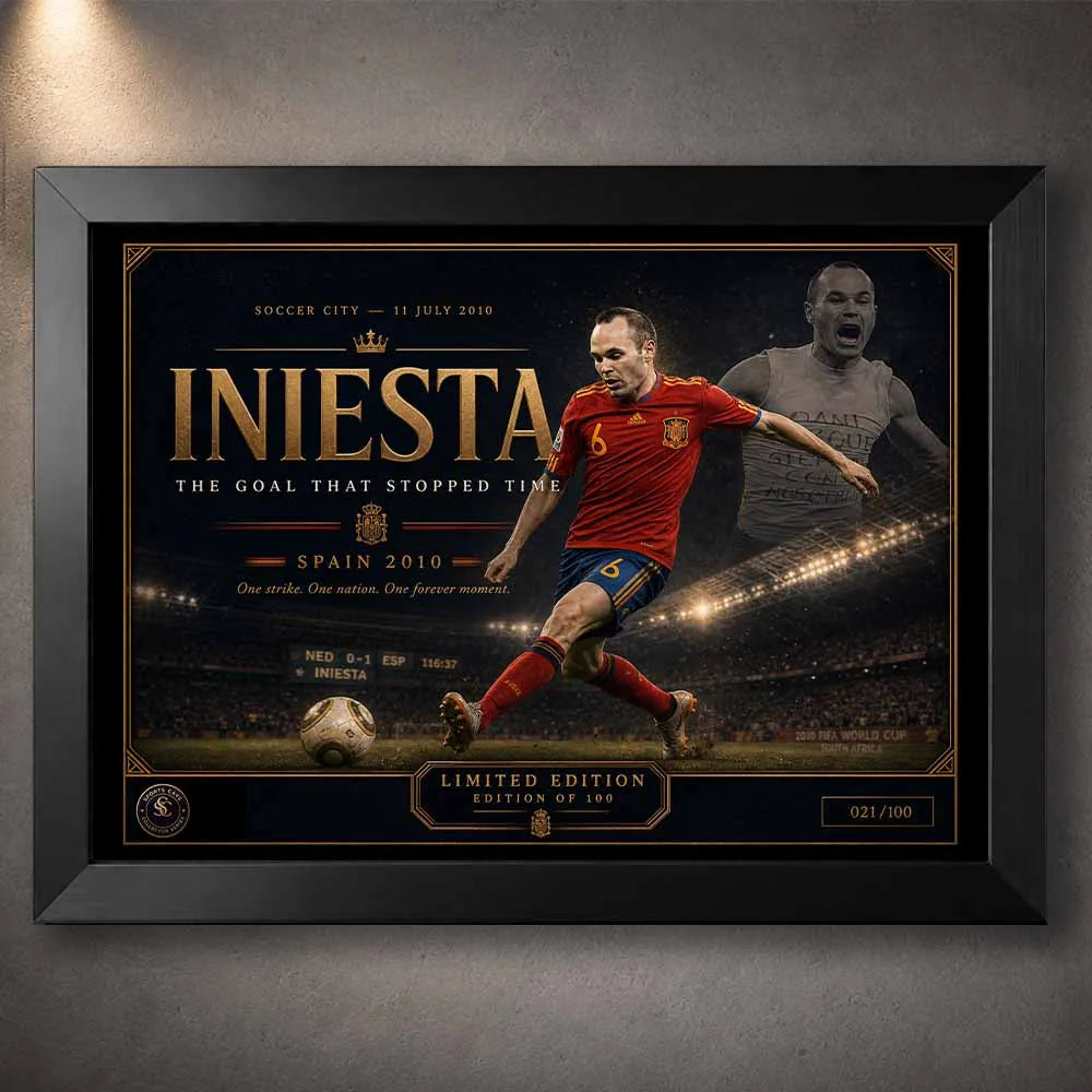 Black framed Andrés Iniesta Spain 2010 limited edition framed sports wall art celebrating his World Cup final goal.