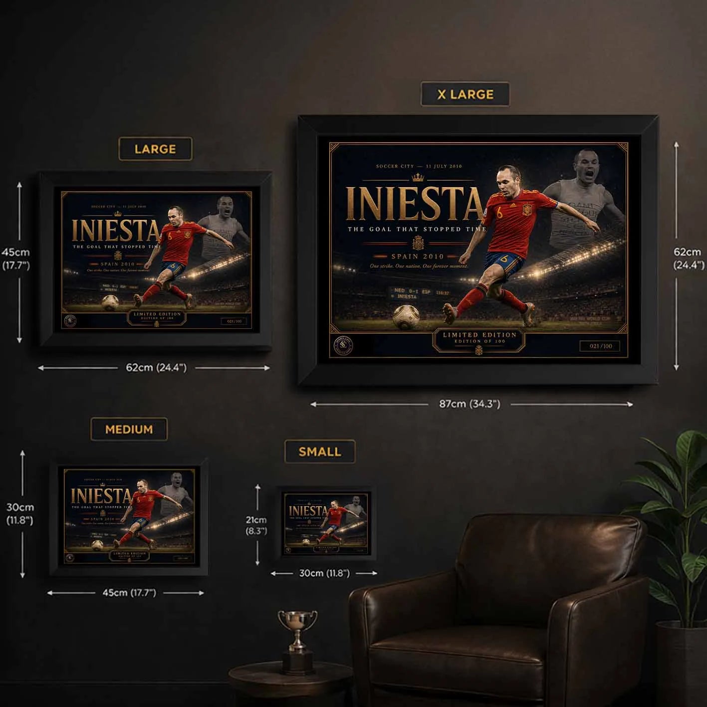 Size guide for the Andrés Iniesta Spain 2010 limited edition framed sports wall art collection.