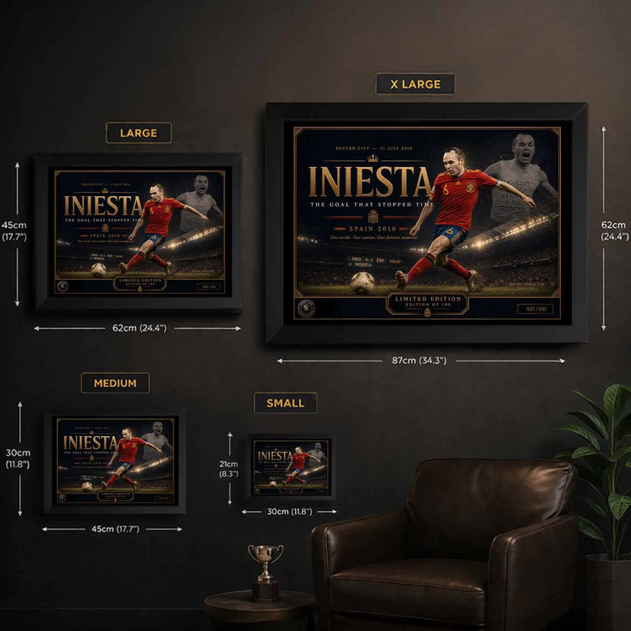 Size guide for the Andrés Iniesta Spain 2010 limited edition framed sports wall art collection.
