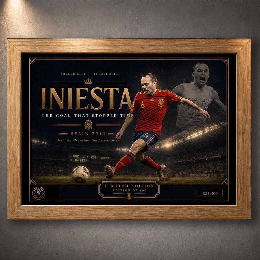 Oak framed Andrés Iniesta Spain 2010 artwork capturing the iconic World Cup winner as premium sports collectibles.