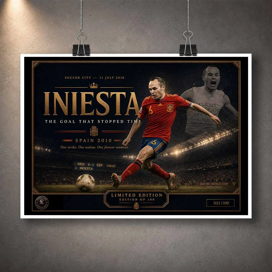 Unframed Andrés Iniesta Spain 2010 limited edition sports art print honoring the iconic World Cup goal.