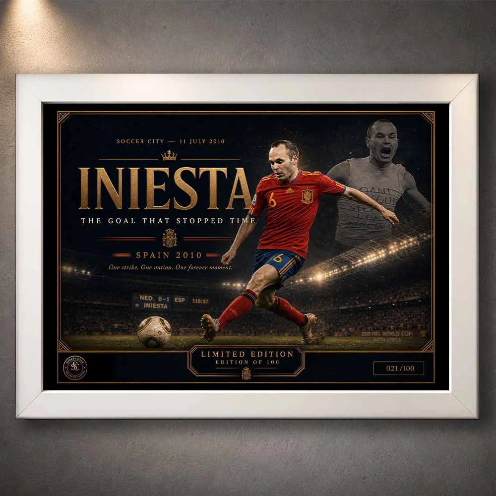 White framed Andrés Iniesta Spain 2010 sports wall art featuring the legendary World Cup final strike.