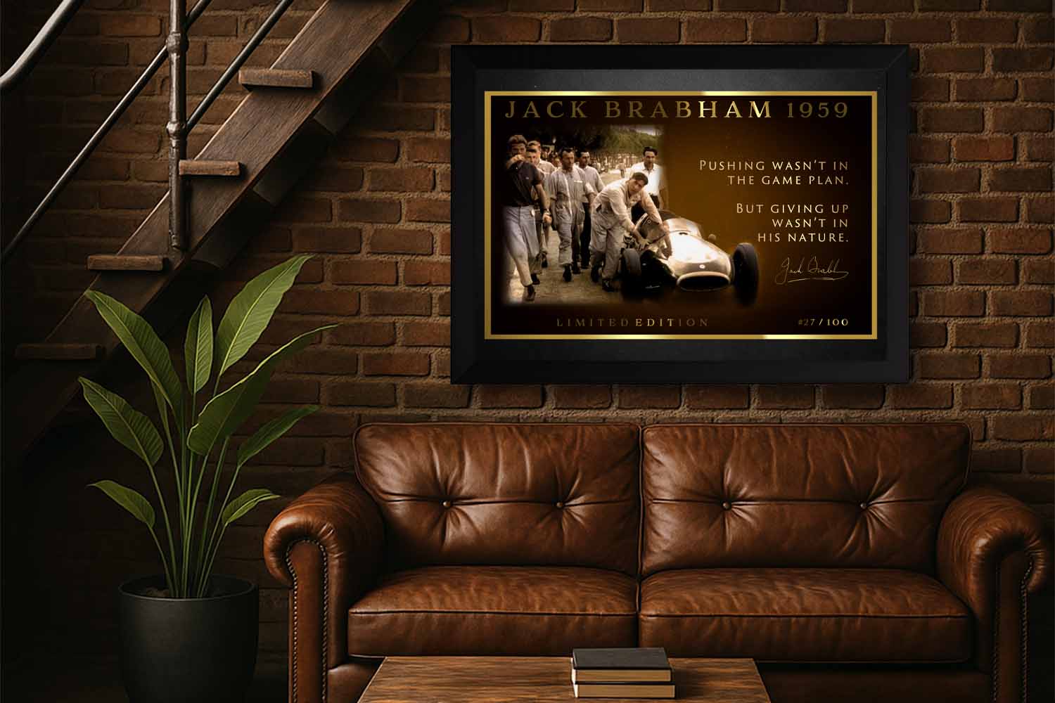 Jack Brabham 1959 framed sports memorabilia in black frame—premium sports wall art perfect for Australian man cave décor.