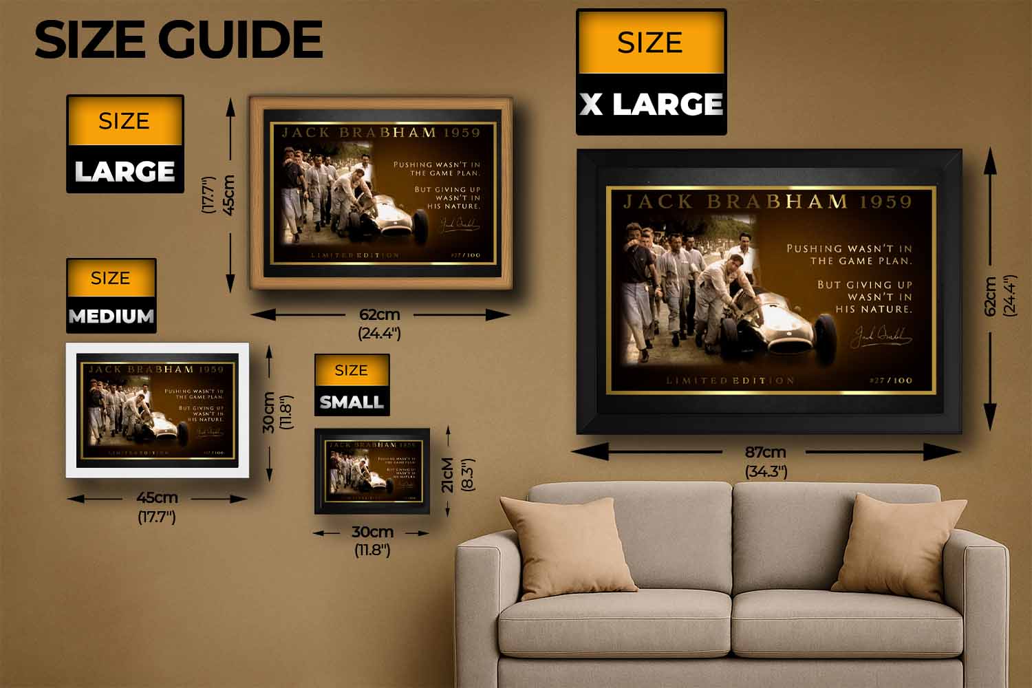 Jack Brabham limited edition framed sports art size guide showing small to XL prints—perfect for premium man cave wall décor.