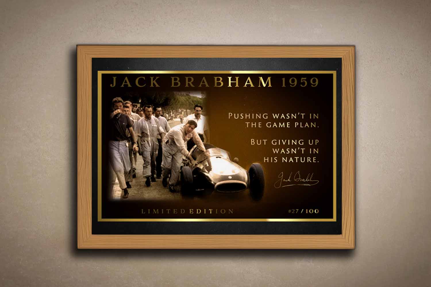 Limited edition Jack Brabham framed sports memorabilia in oak finish, showcasing an iconic 1959 moment in Australian motorsport legacy.