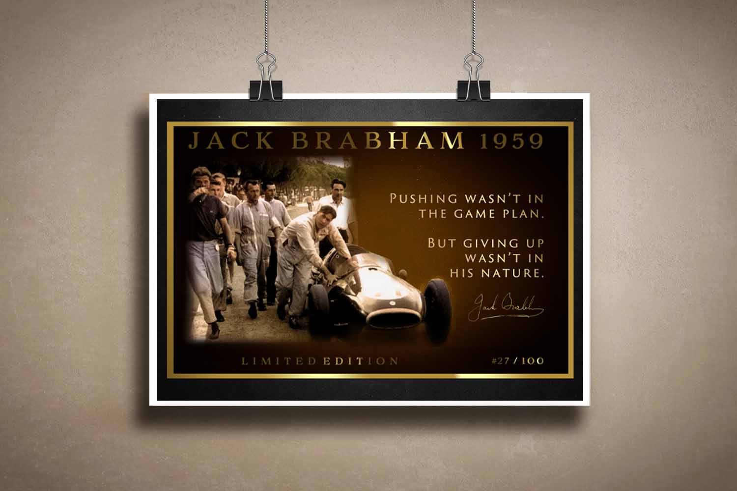 Limited edition Jack Brabham 1959 sports wall art capturing an iconic F1 moment—perfect for collectors of Australian racing history.