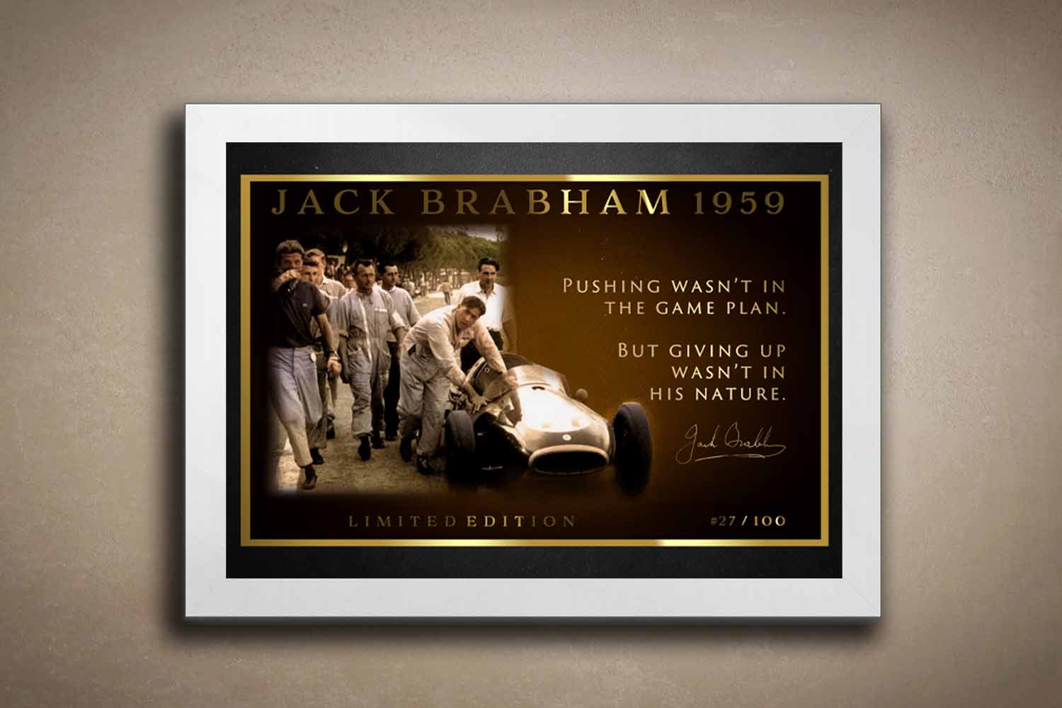 Jack Brabham 1959 premium sports wall art in white frame—vintage style racing print ideal for man cave wall décor and collectors.