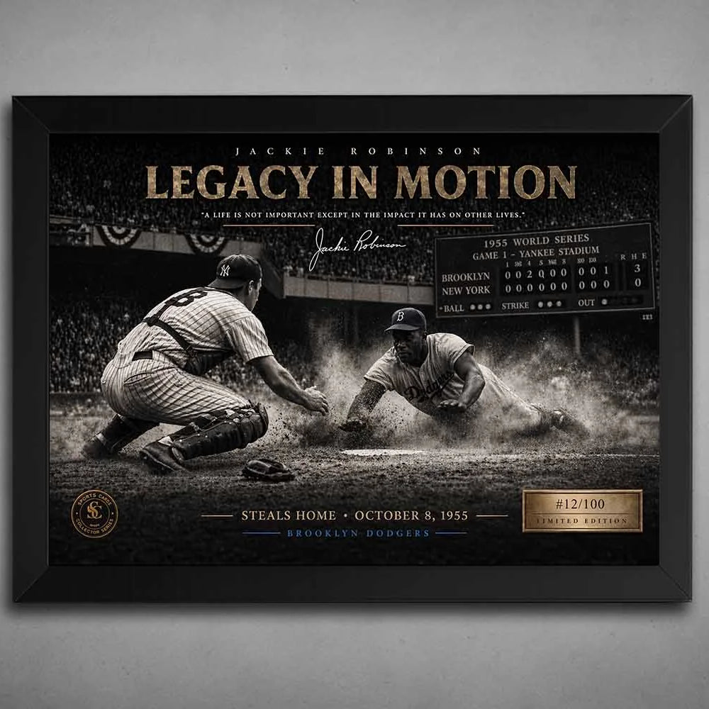 Jackie Robinson steals home in 1955 World Series displayed in black frame, premium sports wall art for baseball collectors