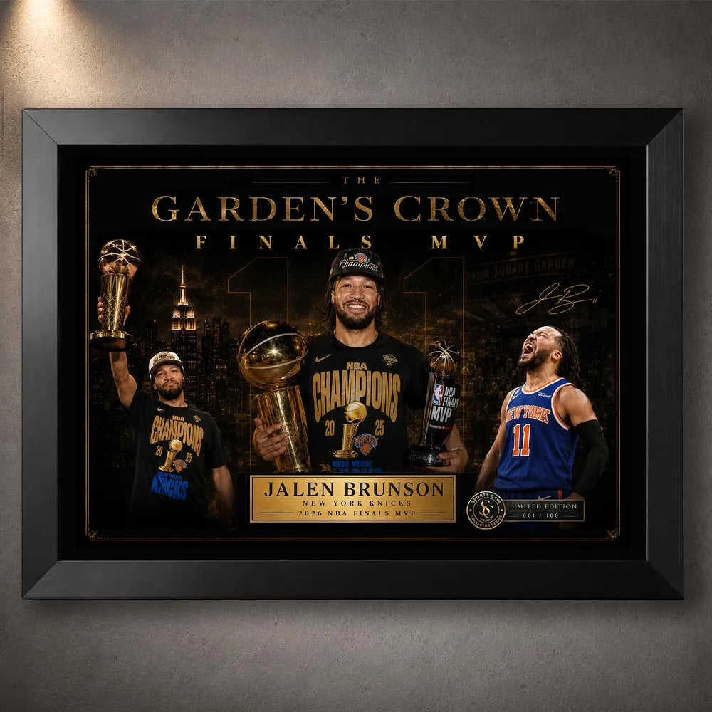 Black framed Jalen Brunson Finals MVP Knicks NBA wall art with gold collector styling for New York basketball fans.
