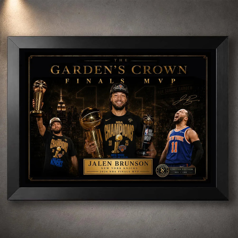 Black framed Jalen Brunson Finals MVP Knicks NBA wall art with gold collector styling for New York basketball fans.