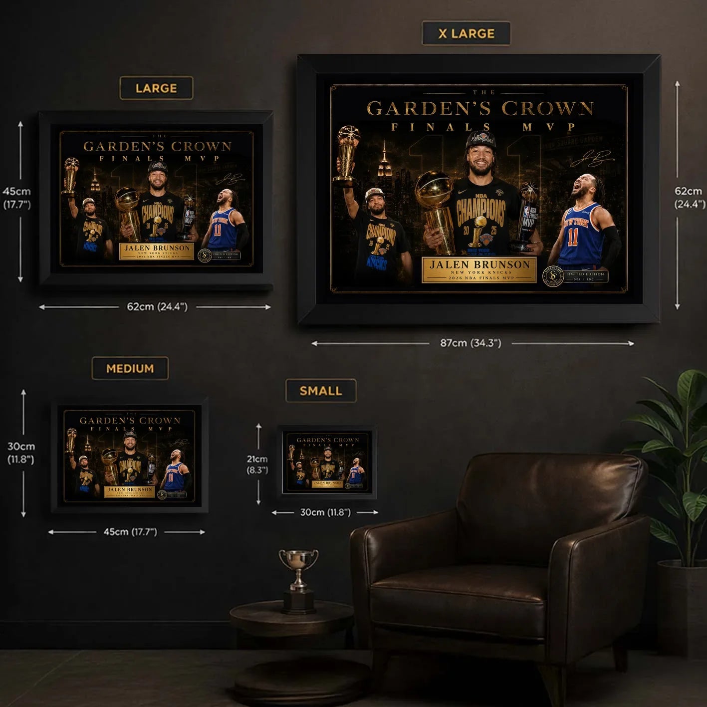 Jalen Brunson Finals MVP Knicks framed sports wall art size guide showing small, medium, large and XL options.