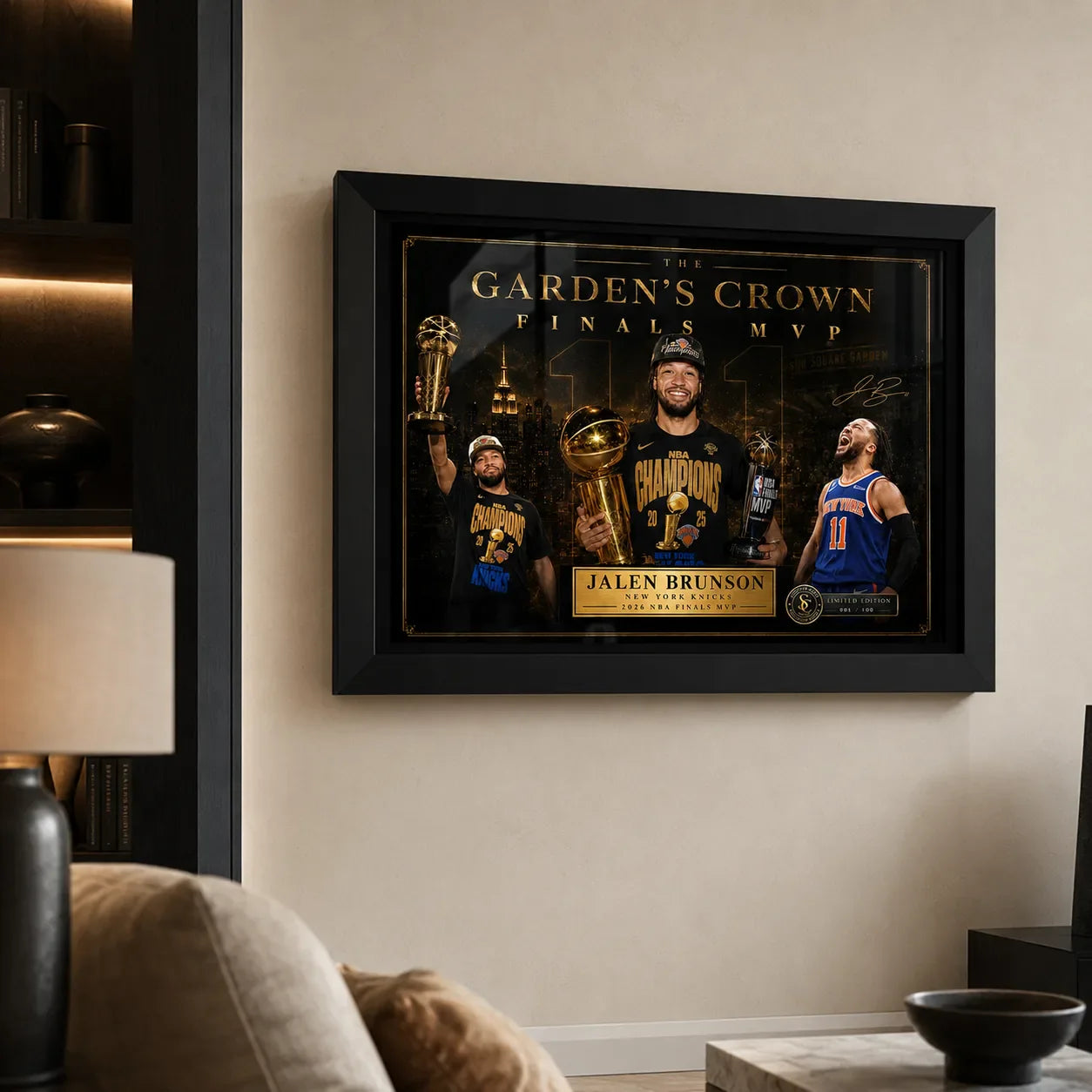 Jalen Brunson Finals MVP Knicks NBA wall art displayed in a modern living room for serious basketball collectors.