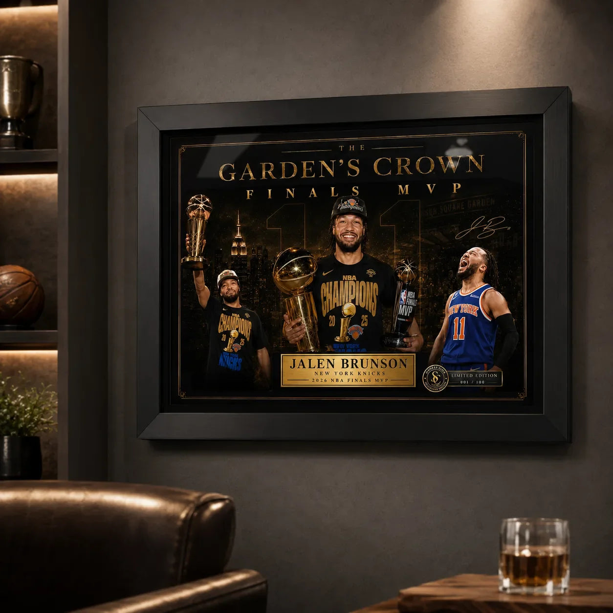 Jalen Brunson Finals MVP Knicks NBA wall art styled in a dark man cave for loyal New York basketball collectors.