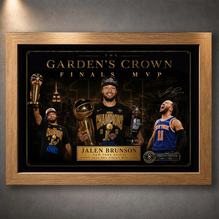 Oak framed Jalen Brunson Finals MVP Knicks NBA wall art with gold collector details for New York basketball fans.