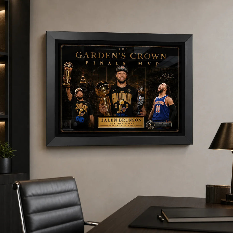 Jalen Brunson Finals MVP Knicks NBA wall art shown in a premium office setting for proud New York basketball fans.