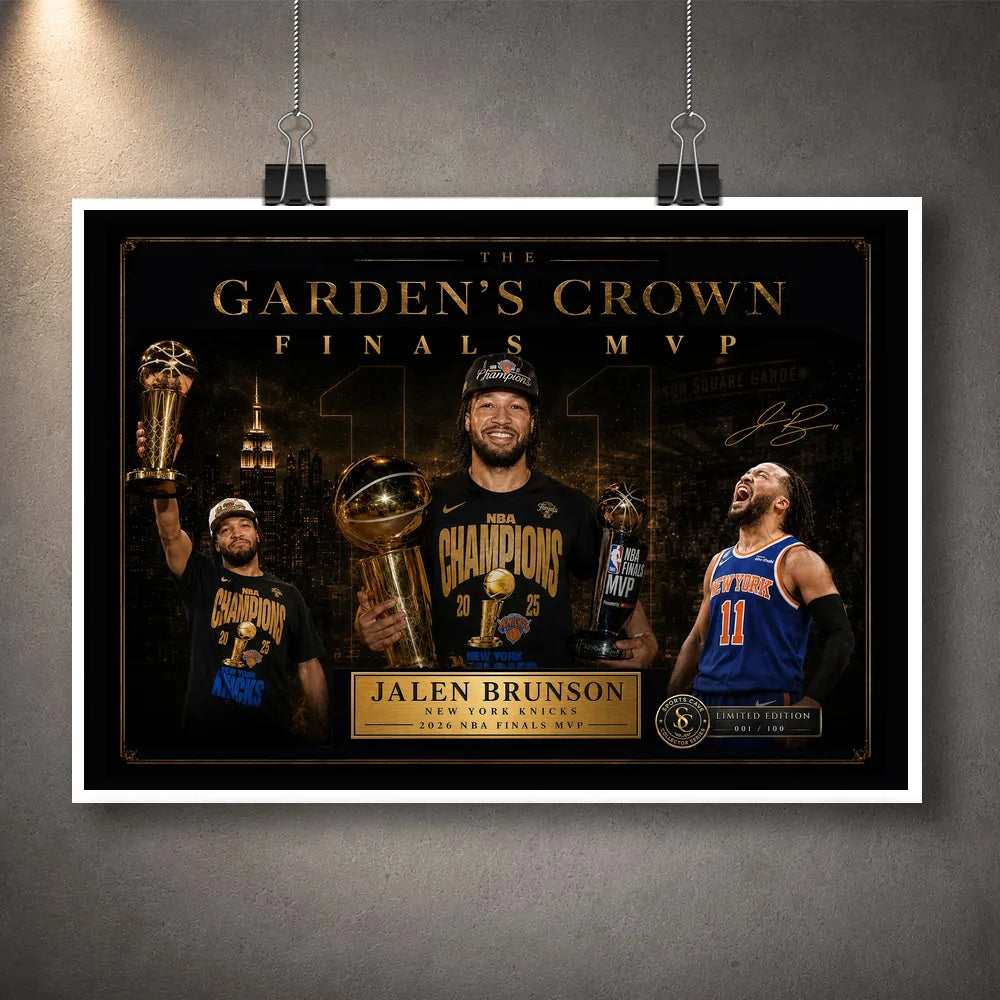 Unframed Jalen Brunson Finals MVP Knicks NBA wall art print with gold collector design for New York basketball fans.