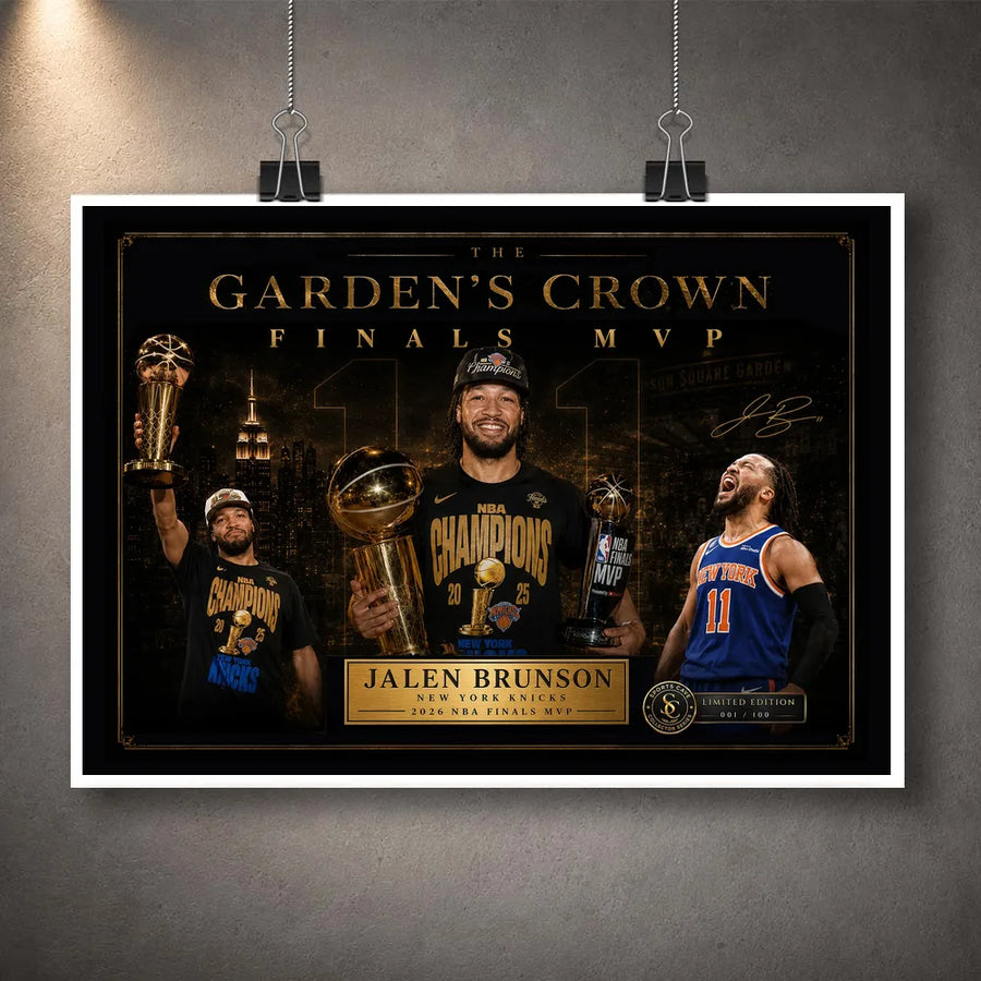 Unframed Jalen Brunson Finals MVP Knicks NBA wall art print with gold collector design for New York basketball fans.