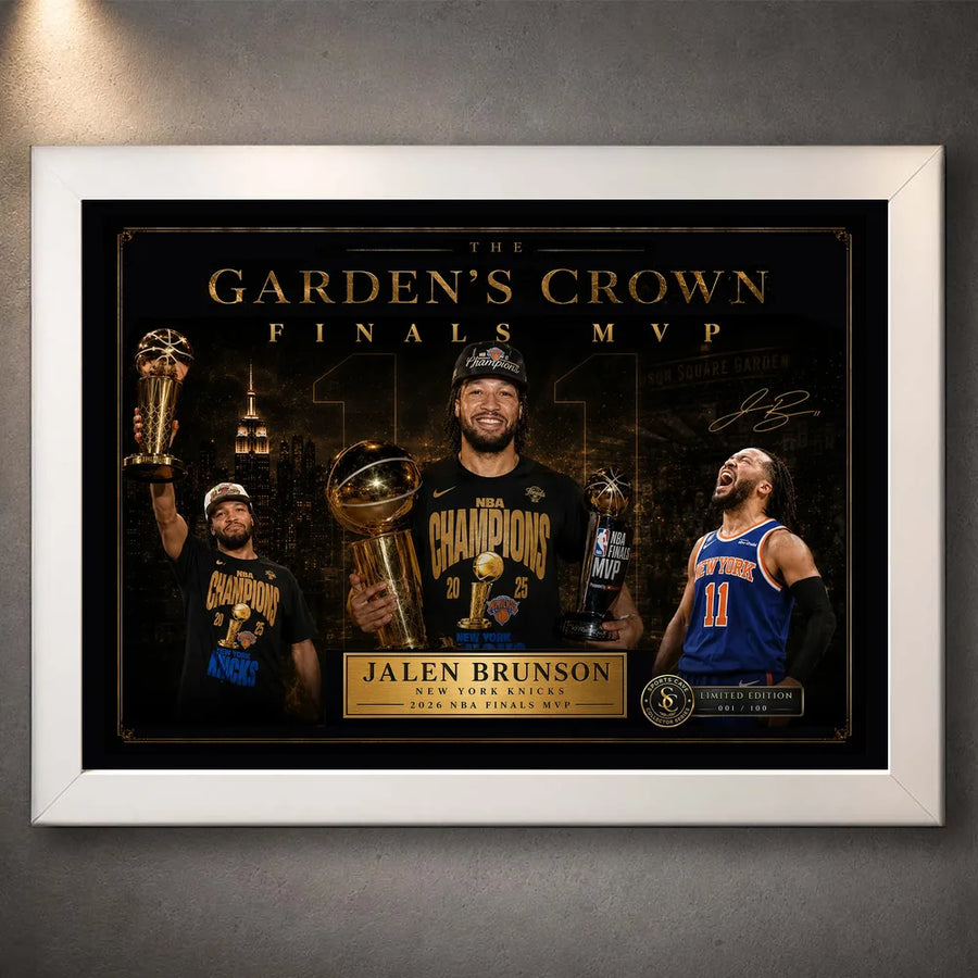 White frame Jalen Brunson Finals MVP Knicks NBA wall art with dark gold collector styling for New York fans.