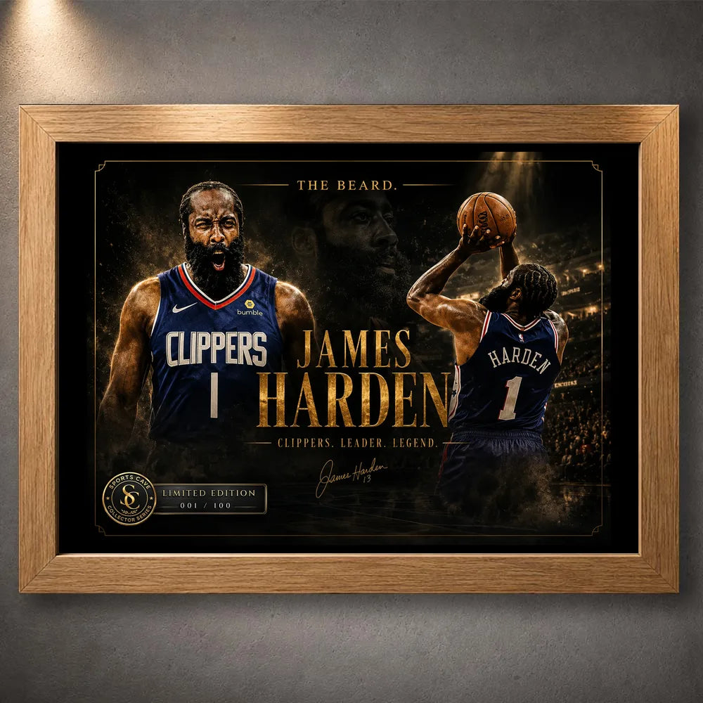 Clipper Control basketball wall art shown in an oak frame on a textured wall