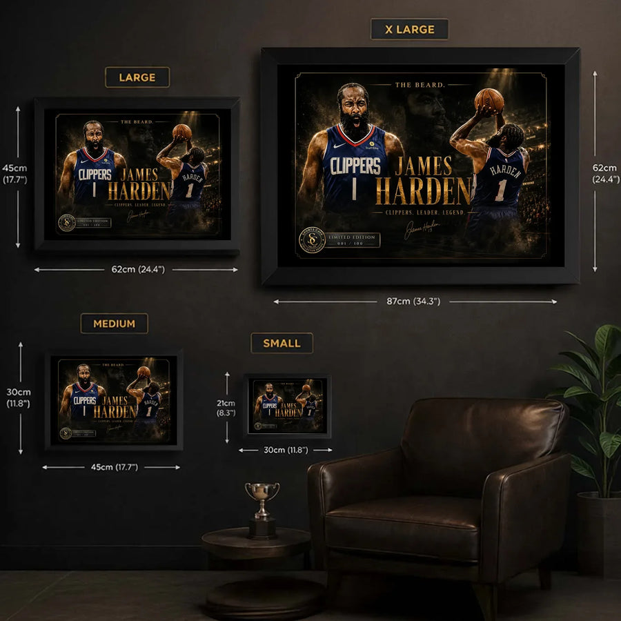 Clipper Control basketball wall art size guide showing S, M, L and XL framed dimensions