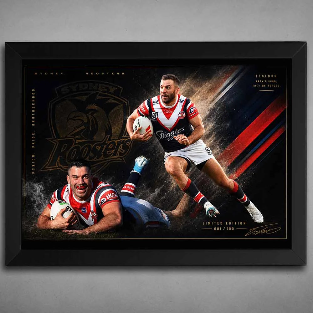 James Tedesco Sydney Roosters framed sports wall art in a premium black frame with bold rugby action design.