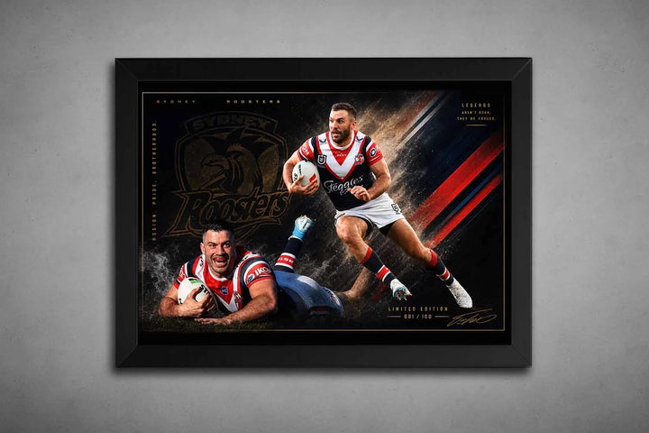 James Tedesco Sydney Roosters framed sports wall art in a premium black frame with bold rugby action design.