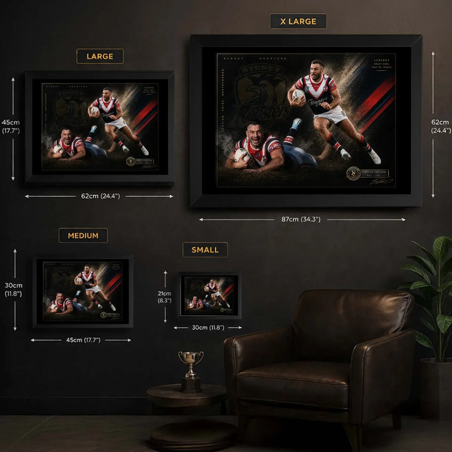 James Tedesco Sydney Roosters wall art size guide showing Small, Medium, Large and X Large framed dimensions in centimetres and inches.