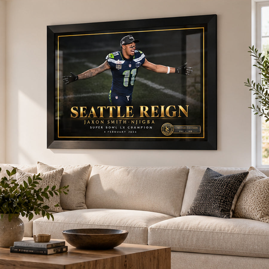 Seattle Reign NFL collector edition above a cream sofa in a light-filled living room.