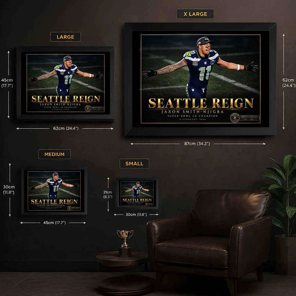 Size guide for Seattle Reign framed NFL edition, displaying XL, large, medium and small options and dimensions.