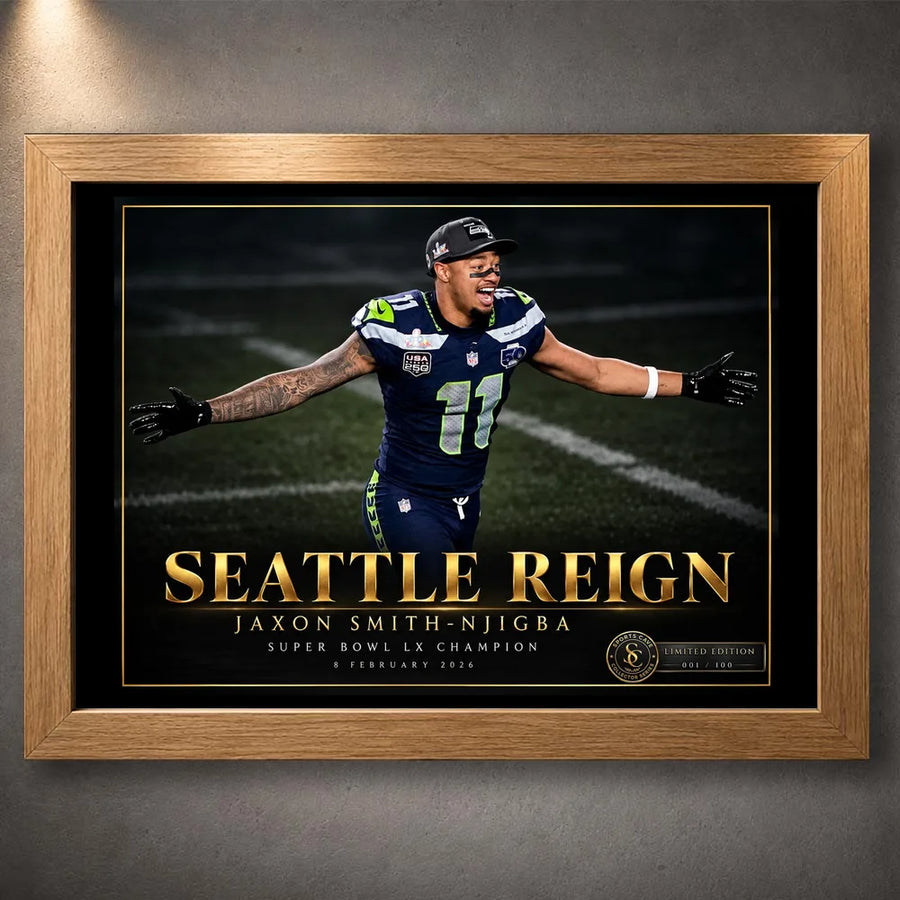 Jaxon Smith-Njigba Seattle Reign NFL edition in an oak frame, featuring gold championship lettering.