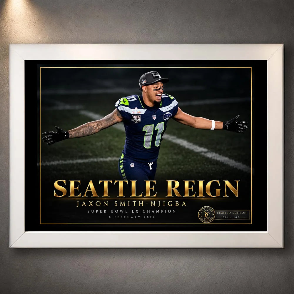 Jaxon Smith-Njigba Seattle Reign collector edition in a white frame with black and gold design.