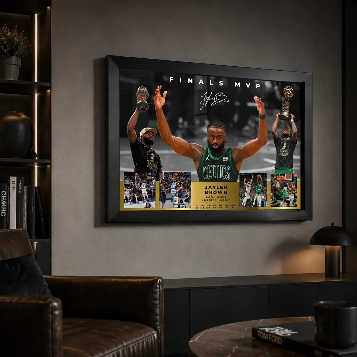 Jaylen Brown Finals MVP basketball wall art displayed in a dark man cave with leather seating and illuminated shelving.