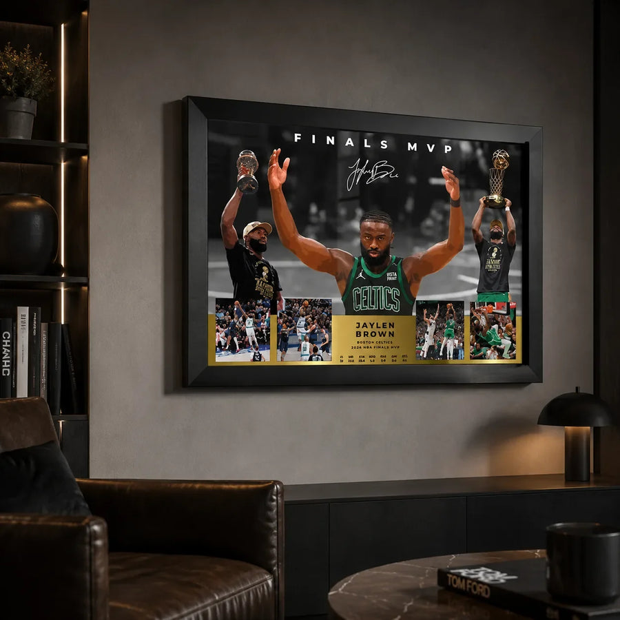 Jaylen Brown Finals MVP basketball wall art displayed in a dark man cave with leather seating and illuminated shelving.