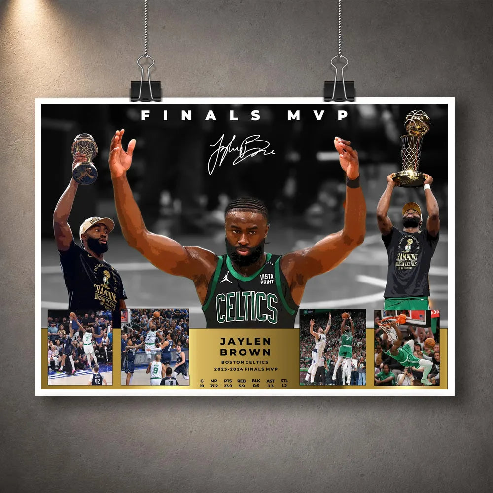 Unframed Jaylen Brown Finals MVP basketball wall art print with Celtics action shots, trophy images and a gold plaque.