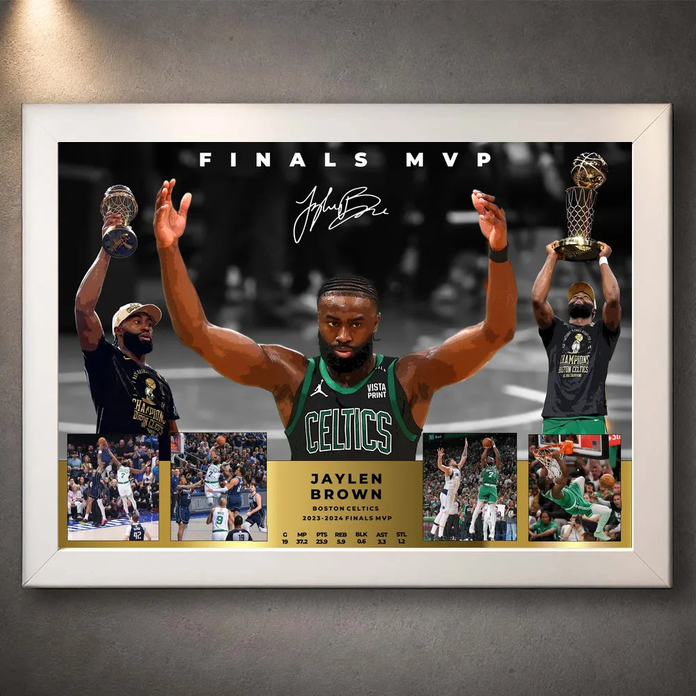 White framed Jaylen Brown Finals MVP basketball wall art with Celtics action photography and a championship tribute design.