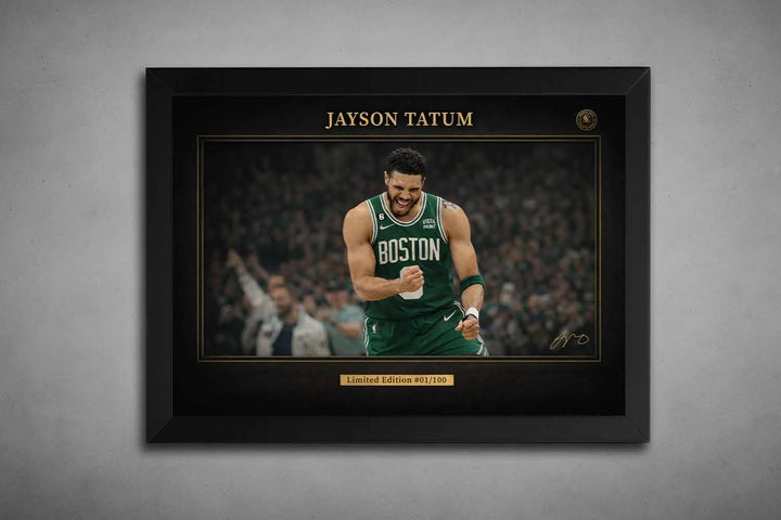 Jayson Tatum Boston Celtics celebration framed artwork with black frame, premium framed sports memorabilia for collectors.