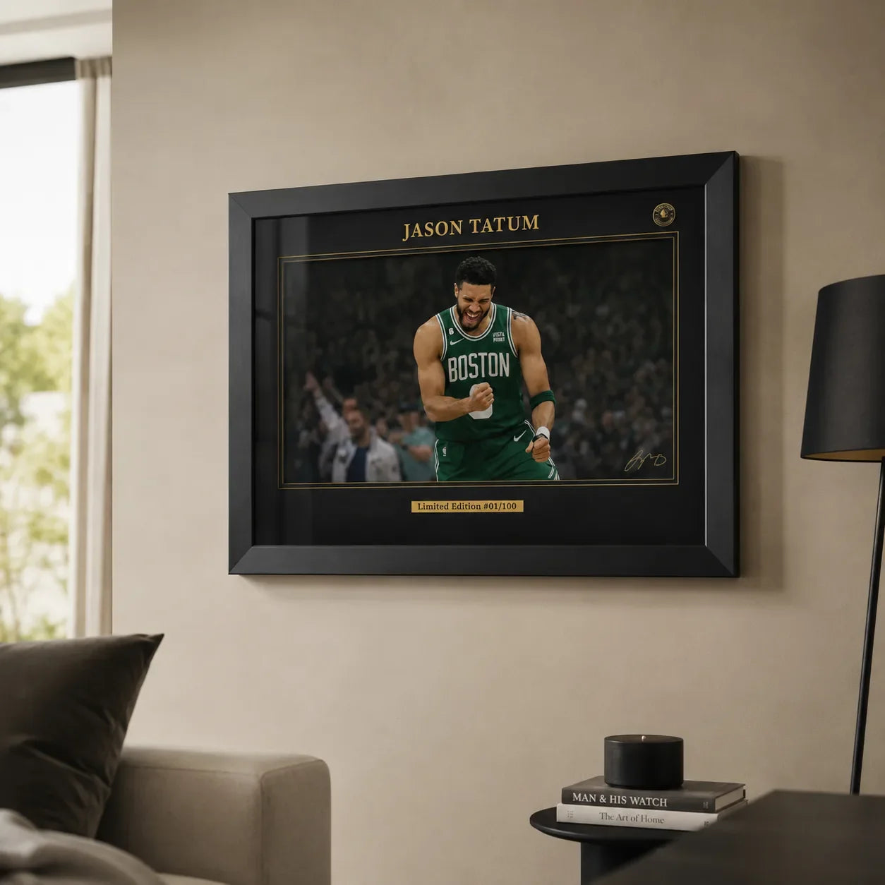Jayson Tatum Celtics wall art in black frame on a warm neutral room wall.