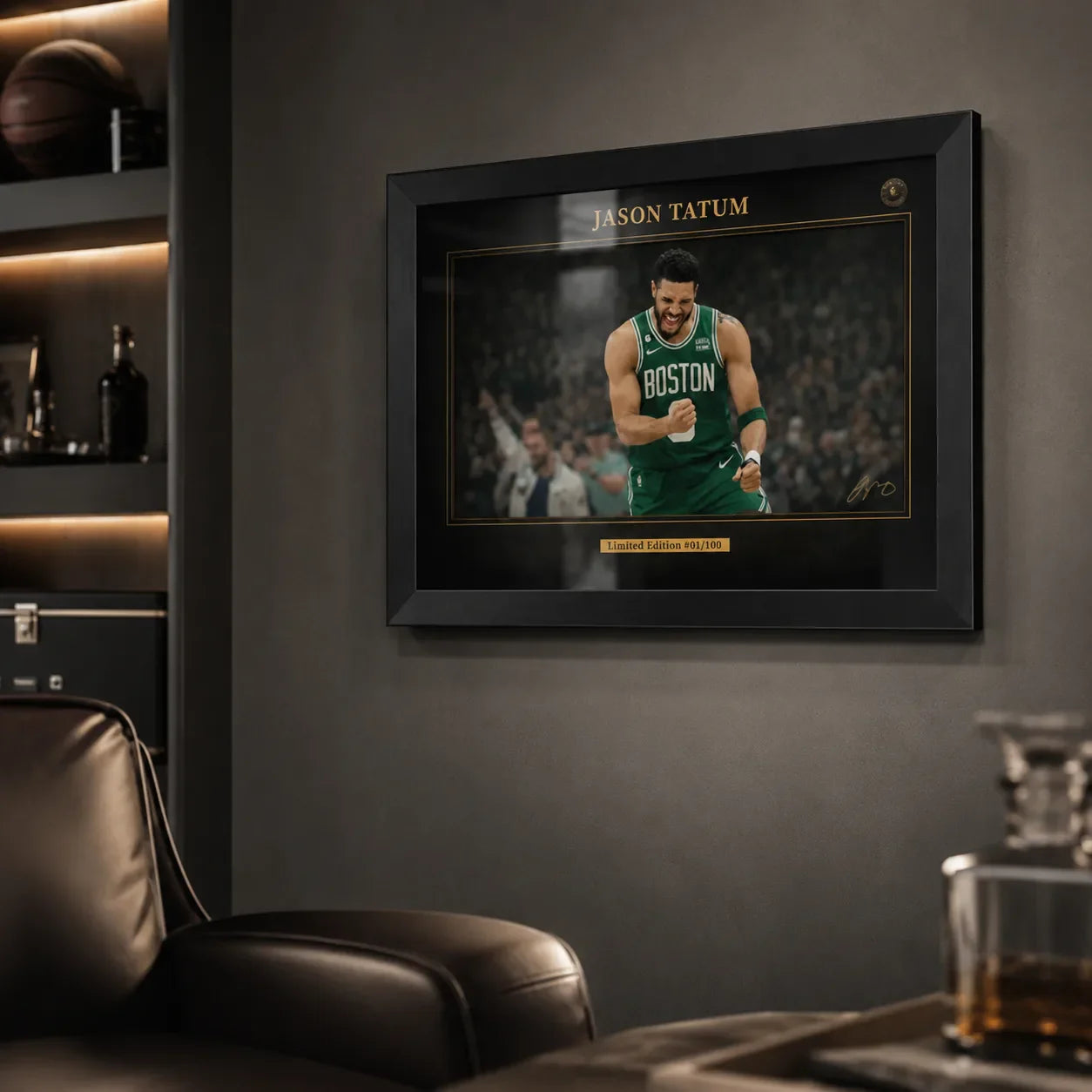 Jayson Tatum Celtics wall art in black frame on a dark man cave wall with shelving nearby.